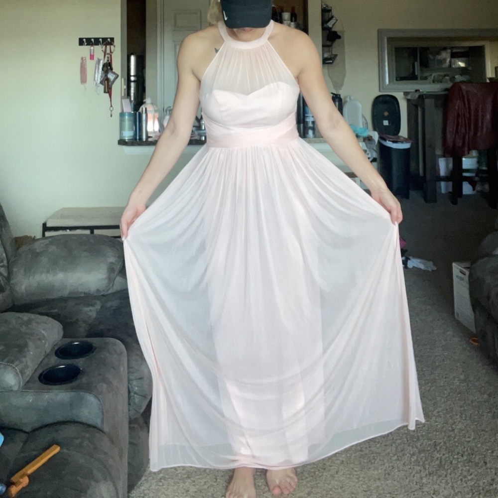 Pink full length formal prom dress.
